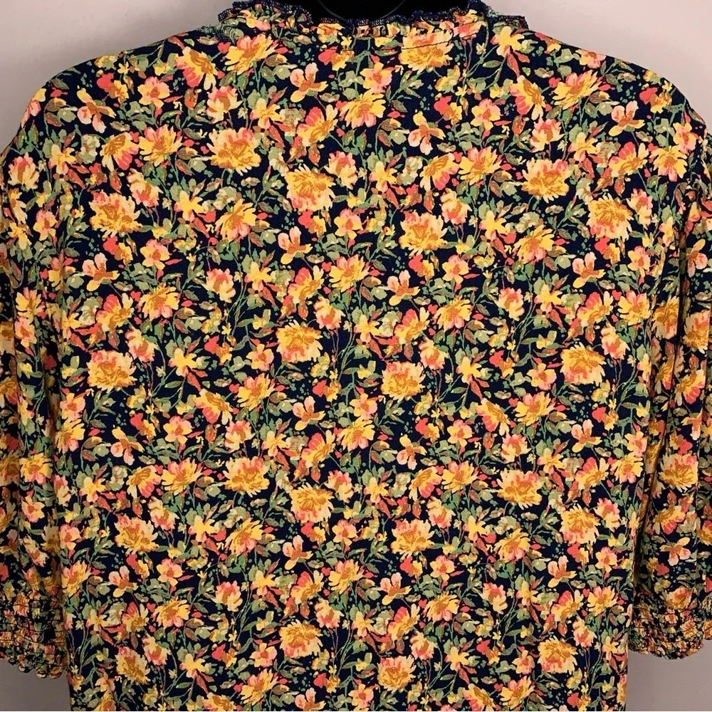 1X Terra And Sky Colorful Floral Peasant Top Orange Yellow Black Sweetheart Neck